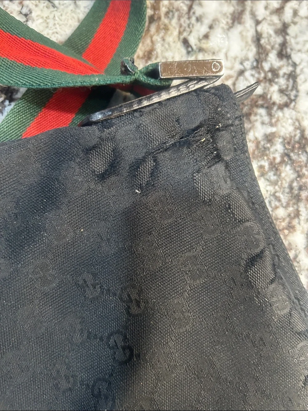 Gucci Black Monogram GG Messanger Bag with Red-Green Web Strap